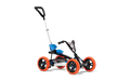 Four-wheel pedal kart with a black frame, bright orange tires, blue seat, and an adjustable silver push handle.