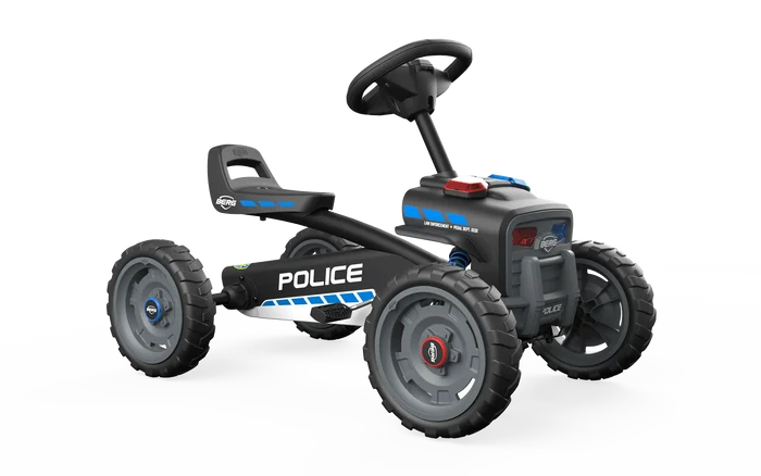 Black police-themed pedal go-kart with chunky tires, POLICE graphics, and a red and blue emergency light bar.