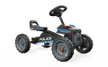 Black police-themed pedal go-kart with chunky tires, POLICE graphics, and a red and blue emergency light bar.