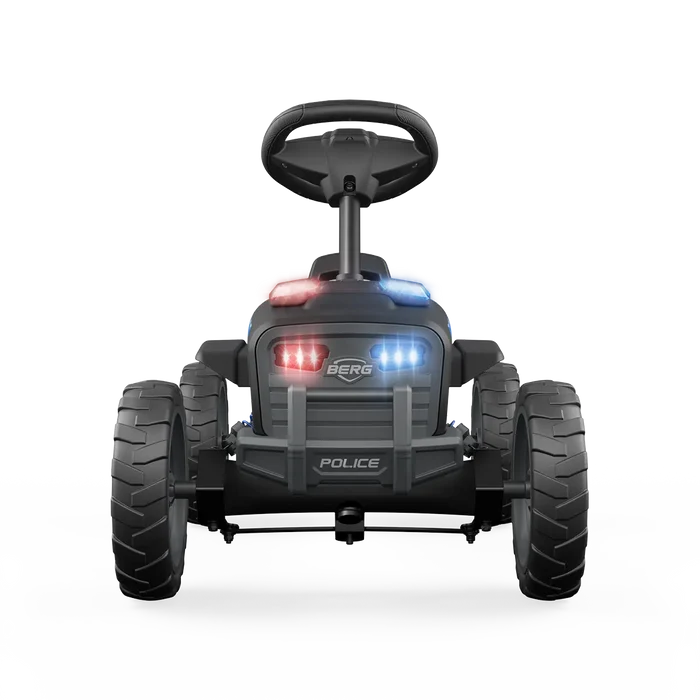 Black kids' police pedal go-kart with flashing red and blue lights, chunky treaded tires, and "POLICE" on the front.