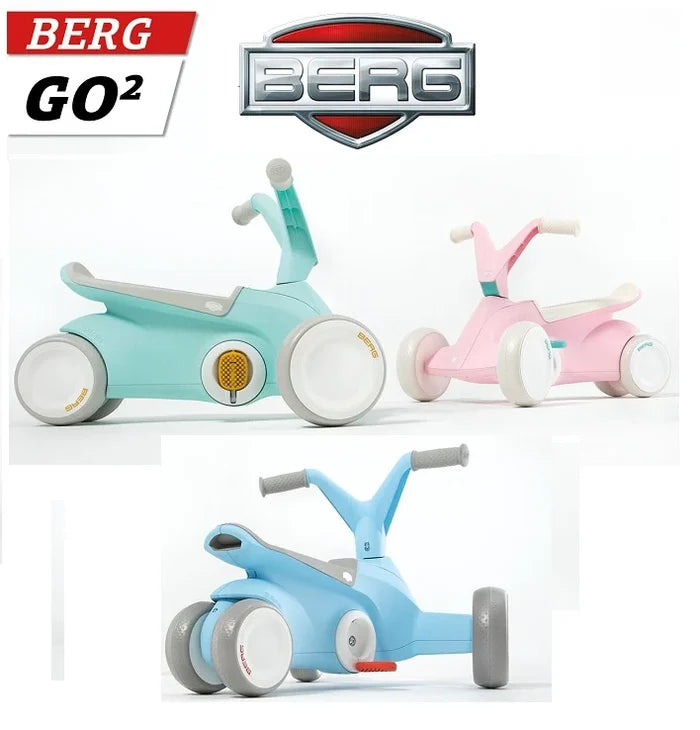 Sleek ergonomic ride-on cars in mint, pink, and light blue with four wheels and fold-out orange pedals.