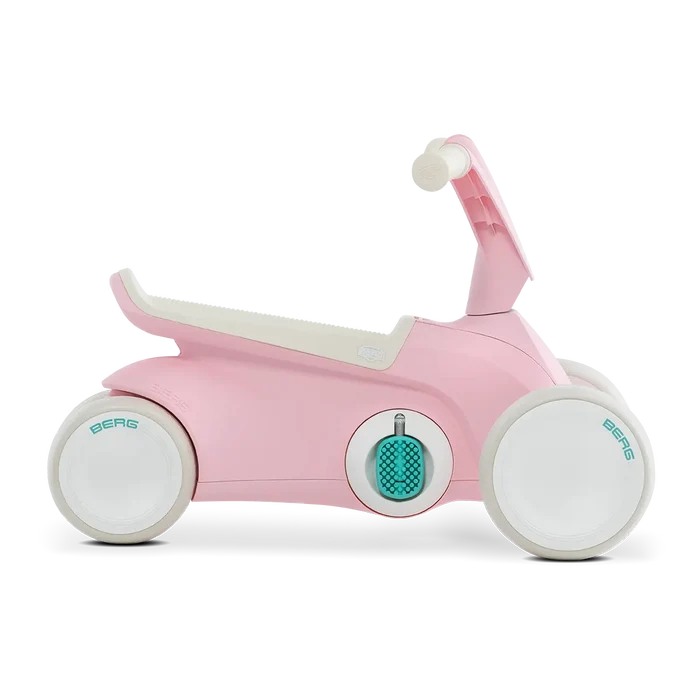 Pink BERG Go2 convertible pedal car with white wheels and teal accents, featuring a low-profile design and seat.
