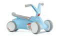 Sky blue four-wheel toddler ride-on with gray handlebars, textured seat, and white wheels with red accents.