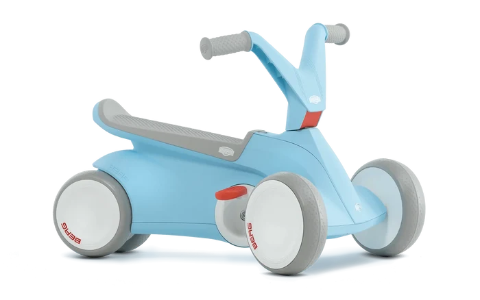 Sky blue four-wheel toddler ride-on with gray handlebars, textured seat, and white wheels with red accents.