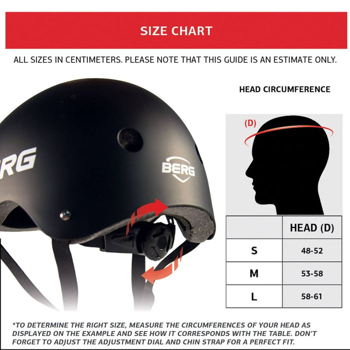 Size chart for a matte black helmet featuring a head measurement diagram and a table for small, medium, and large sizes.