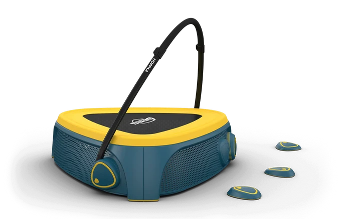 Triangular teal and yellow trampoline with a curved black safety handle and three matching stepping stones.