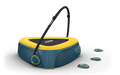 Triangular teal and yellow trampoline with a curved black safety handle and three matching stepping stones.