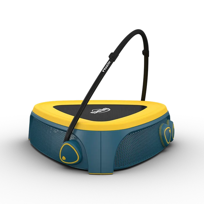 Triangular yellow and teal trampoline with a black jumping mat and a curved black support handle.