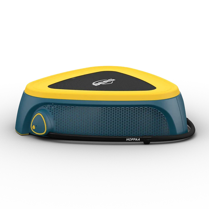 Triangular trampoline with yellow top padding, black jumping mat, and teal base featuring mesh side panels.