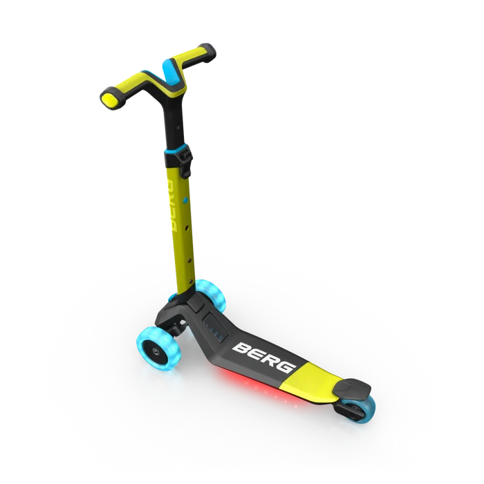 Lime green 3-wheeled scooter featuring glowing blue wheels and integrated red LED under-deck lights.