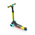 Lime green 3-wheeled scooter featuring glowing blue wheels and integrated red LED under-deck lights.