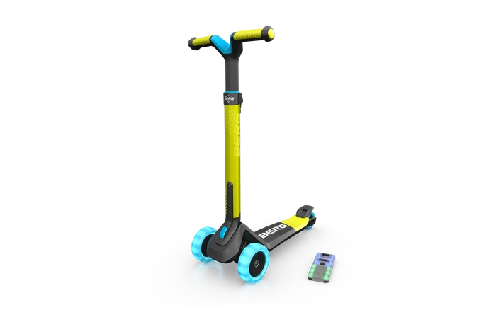 Lime green and black three-wheeled scooter with glowing blue LED wheels and yellow handlebar grips.
