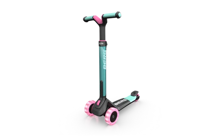 Mint green and black BERG 3-wheeled scooter with glowing pink LED wheels and teal accents.