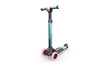 Mint green and black BERG 3-wheeled scooter with glowing pink LED wheels and teal accents.