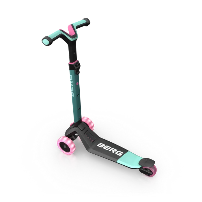 Three-wheeled kick scooter featuring mint green accents, a black frame, and glowing pink LED wheels.