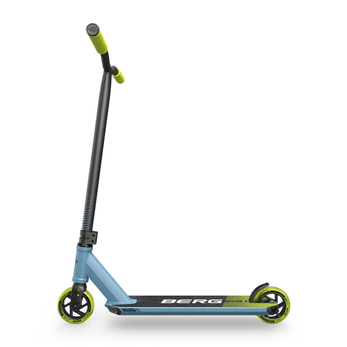 Light blue stunt scooter with lime green grips and wheels, matte black handlebars, and branded black deck.