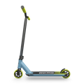 Light blue stunt scooter with lime green grips and wheels, matte black handlebars, and branded black deck.