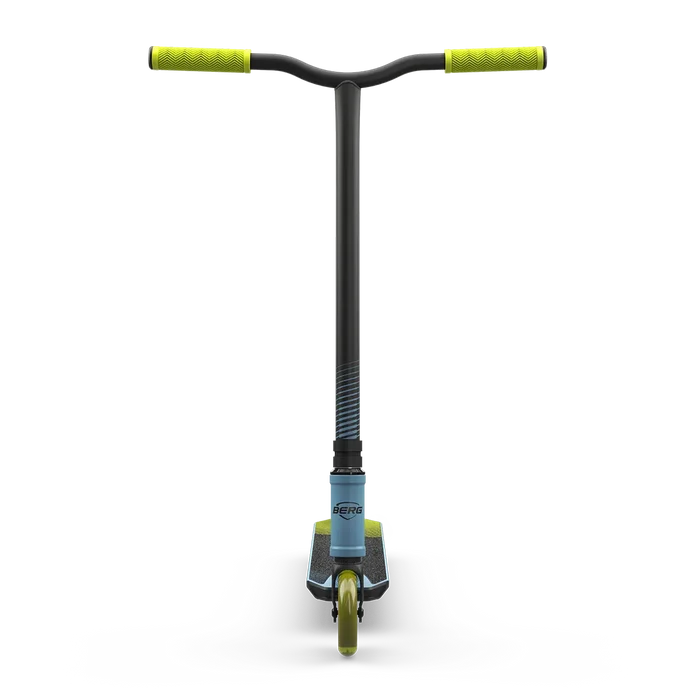 Front view of a stunt scooter with black Y-bars, lime green grips and wheels, and a light blue neck with BERG logo.