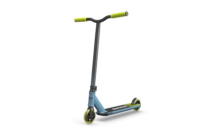 Blue and lime green stunt scooter with black handlebars, lime grips, matching wheels, and BERG logo on the deck.