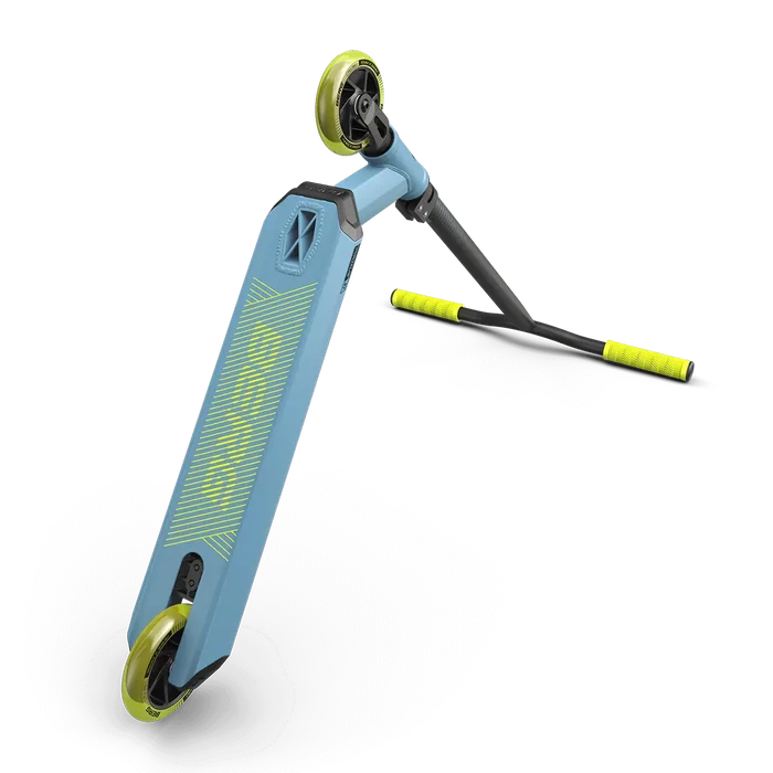 Light blue stunt scooter with lime green translucent wheels, matching grips, and a black handlebar.