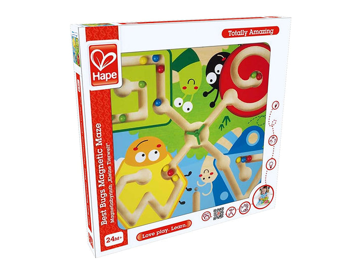 Hape Best Bugs Magnetic Maze box featuring a colorful wooden maze with bug characters and sliding colored beads.