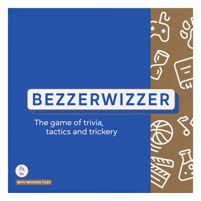 Square blue board game box titled BEZZERWIZZER with a brown side panel featuring white trivia category icons.