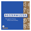 Square blue board game box titled BEZZERWIZZER with a brown side panel featuring white trivia category icons.