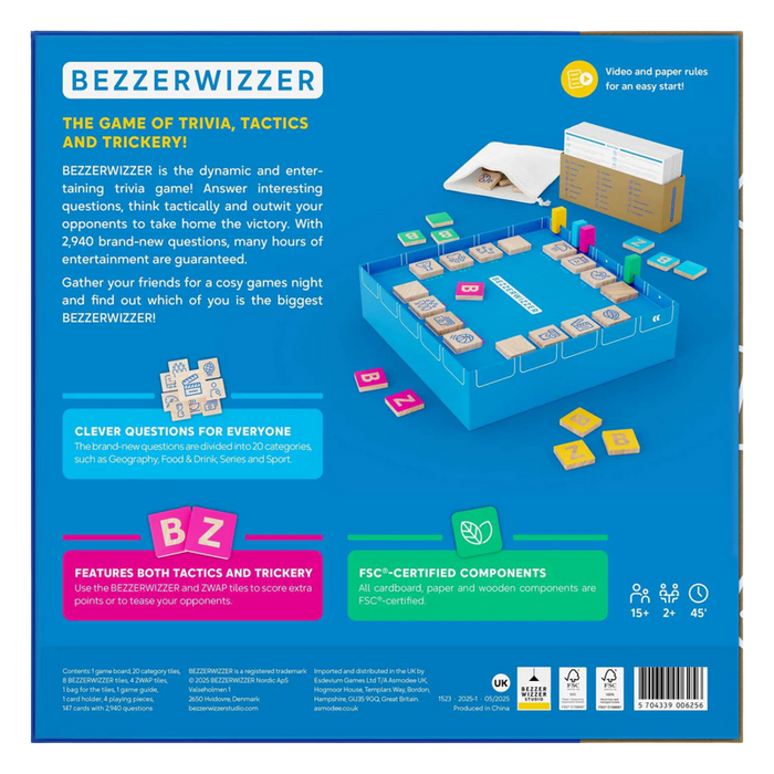 Back of a blue game box showing a board setup with wooden tiles, trivia cards, and game feature icons.