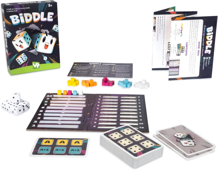 Biddle board game with box, colorful wooden cubes, cards, dice, and scoring board on a white background.