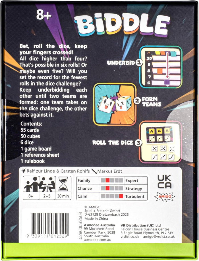 Back of Biddle board game box with colorful streaks, game play illustrations, contents list, and player information.