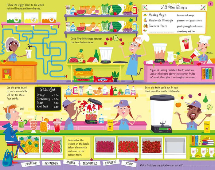 Colorful fruit juice bar activity page with a pipe maze, spot the difference, and fruit-themed word puzzles.