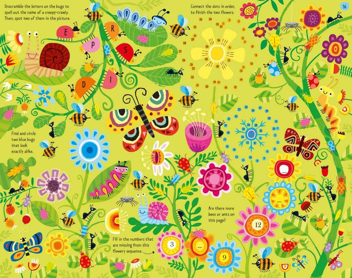 Vibrant cartoon garden activity page featuring bug-themed puzzles, connect-the-dots flowers, and counting games.