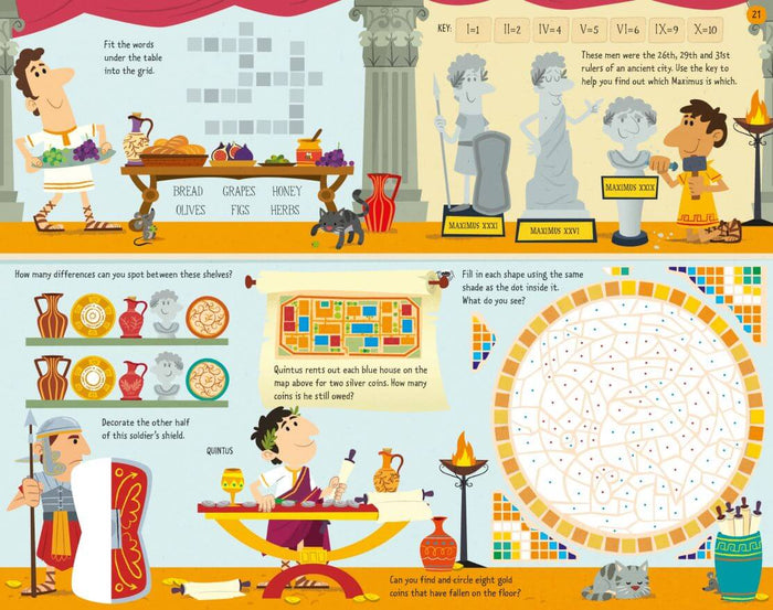 Ancient Roman activity page with colorful cartoon puzzles, word grids, and spot-the-difference games.