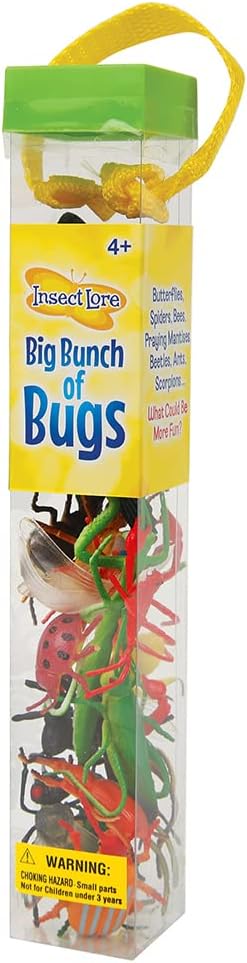 Clear plastic tube filled with colorful toy insects, featuring a green lid and yellow mesh carrying strap.