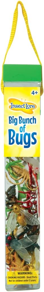 Tall clear tube with green lid and yellow strap filled with colorful plastic toy insects of various shapes and sizes.