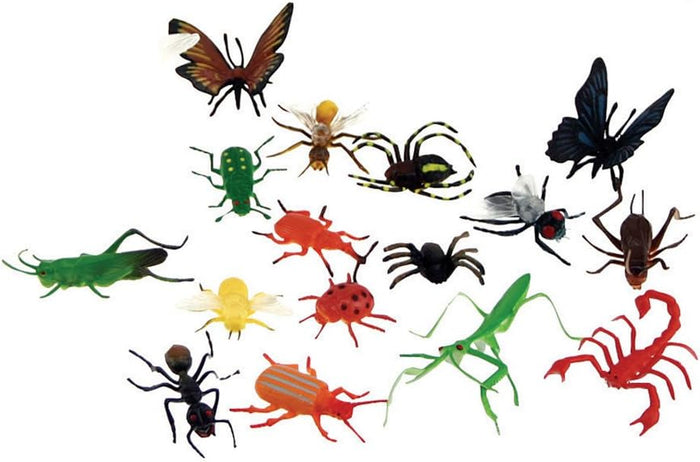 Assorted colorful plastic toy bugs including a butterfly, grasshopper, spider, and red scorpion on a white background.