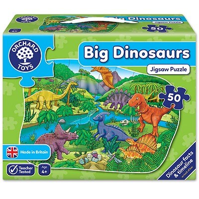 Green box for a 50-piece jigsaw puzzle featuring a colorful prehistoric scene with a T-Rex and other dinosaurs.