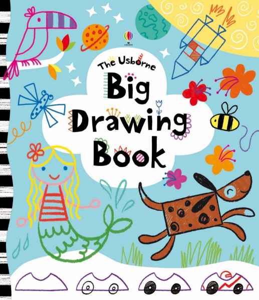 Light blue book cover featuring colorful, hand-drawn doodles of a mermaid, dog, and rocket in a playful style.