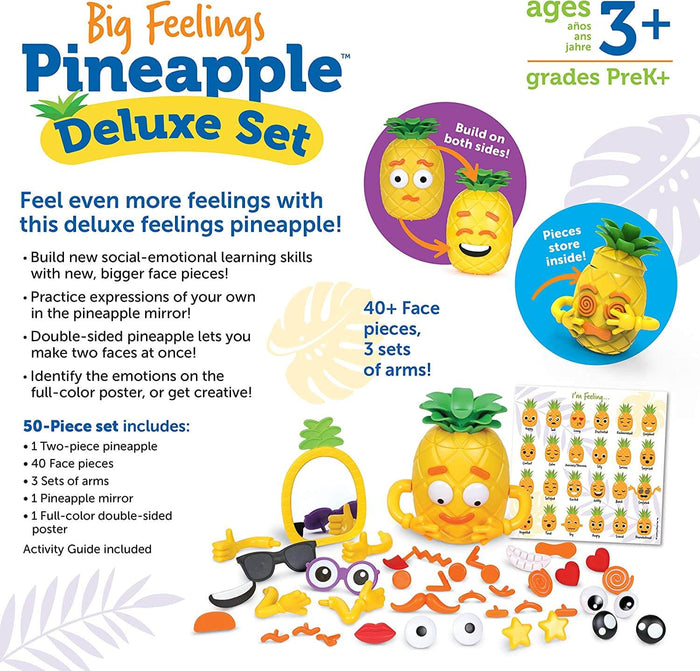 Yellow pineapple toy with 40+ facial pieces, arms, mirror, and feelings poster. Build on both sides. Ages 3+.