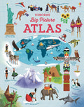 Colorful atlas cover with a world map surrounded by global landmarks, people, and wildlife on a blue grid background.