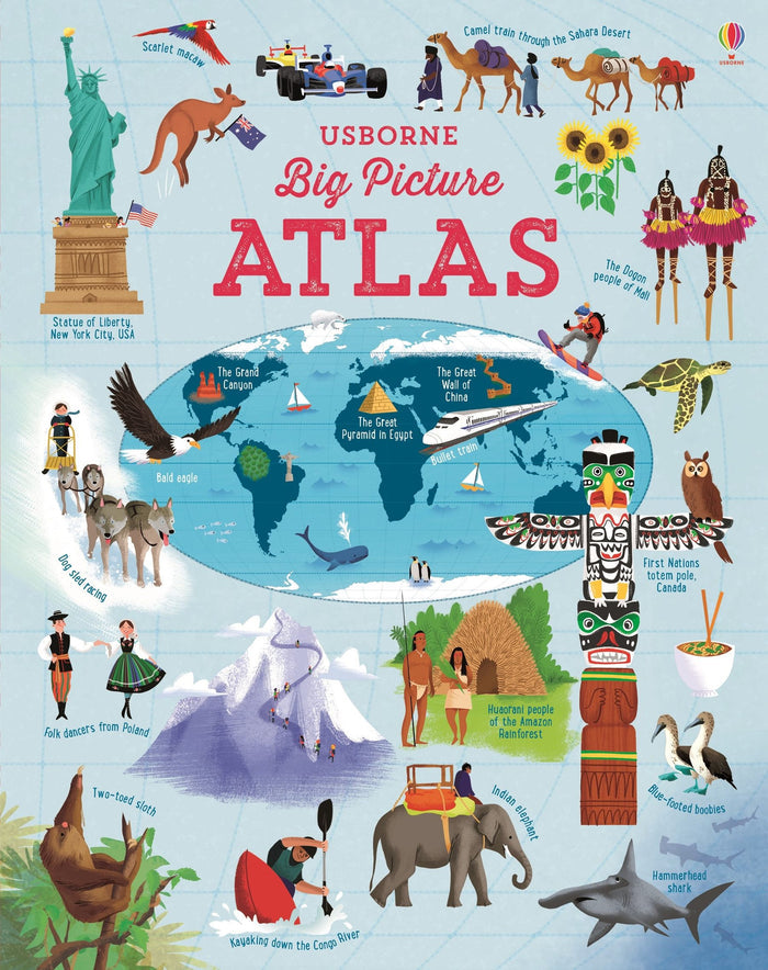 Colorful atlas cover with a world map surrounded by global landmarks, people, and wildlife on a blue grid background.
