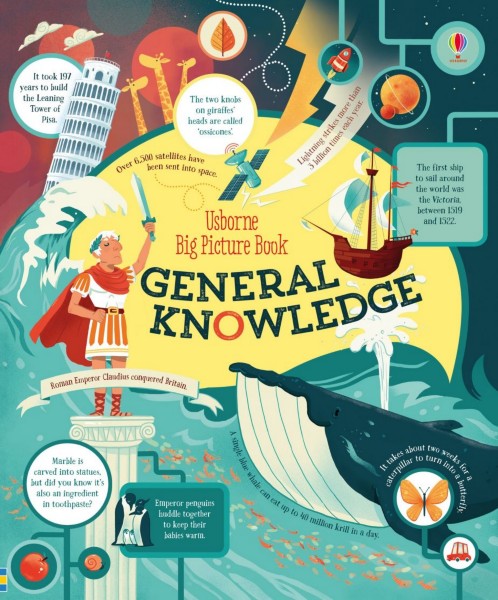 Illustrated book cover with a blue whale, Roman emperor, and educational facts on a vibrant teal and yellow background.