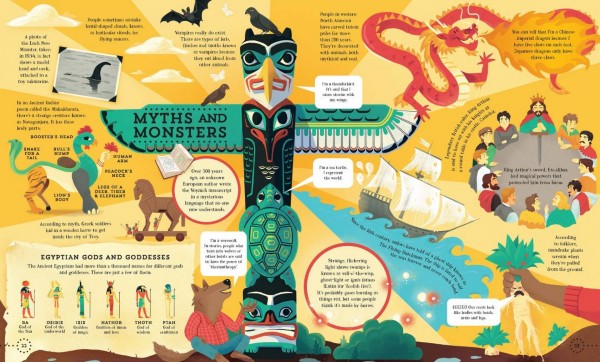 Vibrant children's book spread featuring a red dragon, totem pole, and various myths with colorful illustrations.