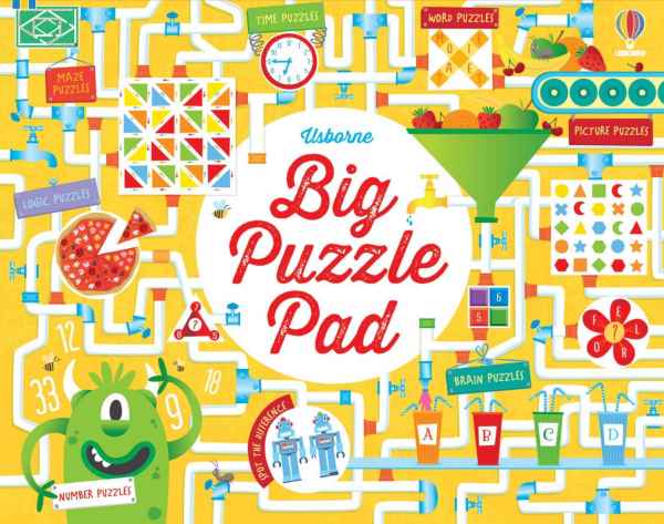 Vibrant activity pad cover with a yellow background, white pipe maze, green monster, and various colorful puzzle icons.