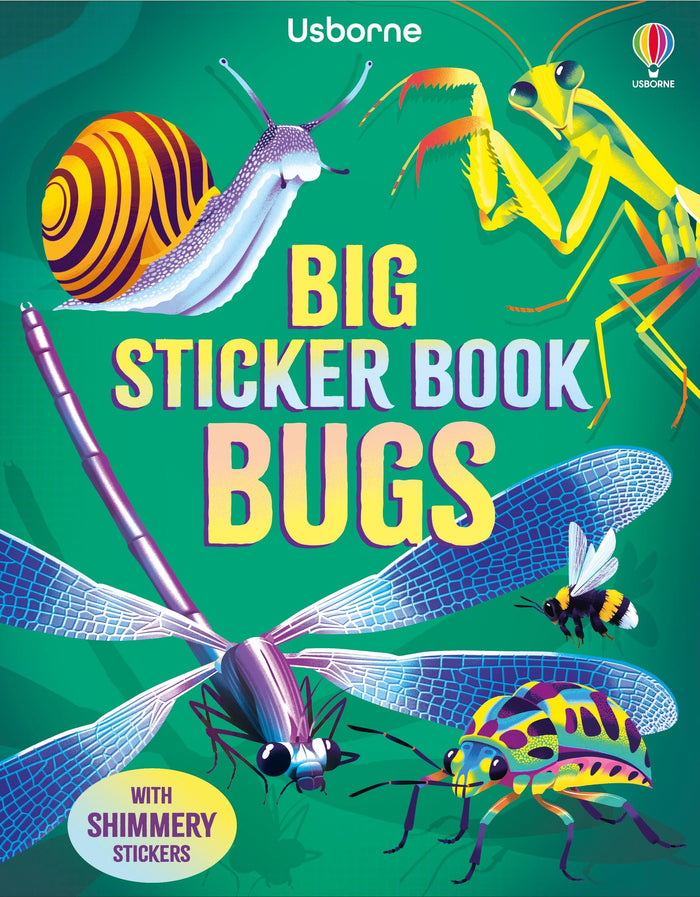 Green sticker book cover with vibrant illustrations of a snail, praying mantis, dragonfly, bee, and patterned beetle.