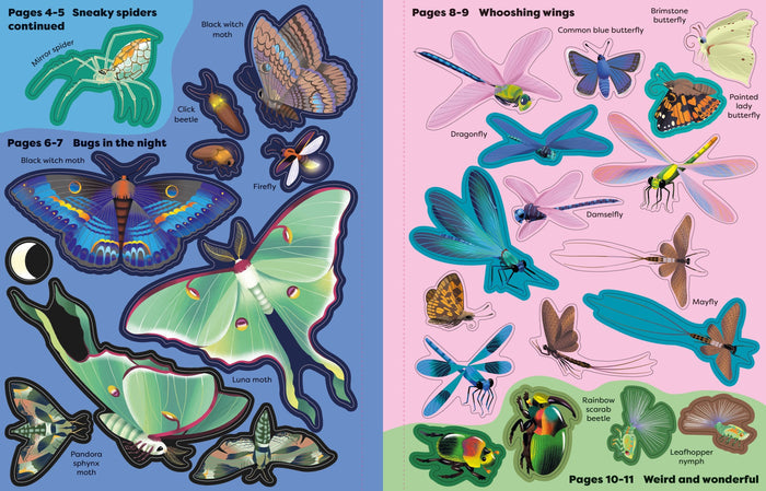 Colorful insect stickers including moths, butterflies, and dragonflies on a two-page spread with blue and pink backgrounds.