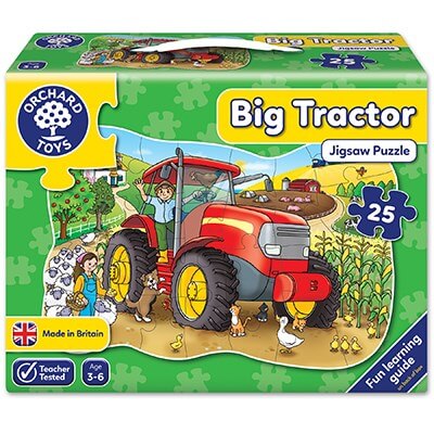 Green and yellow puzzle box featuring a colorful illustration of a red tractor, farmer, and farm animals.