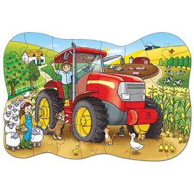 Vibrant floor puzzle showing a large red tractor on a farm with a waving driver and various farm animals.