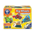 Yellow Orchard Toys box for Big Wheels puzzles featuring colorful illustrations of a tractor, digger, and cement mixer.