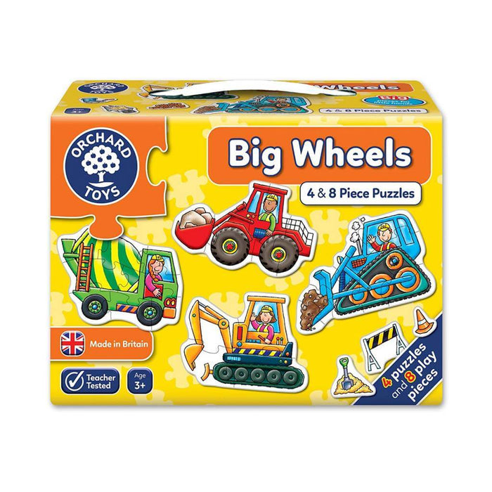 Yellow Orchard Toys box for Big Wheels puzzles featuring colorful illustrations of a tractor, digger, and cement mixer.
